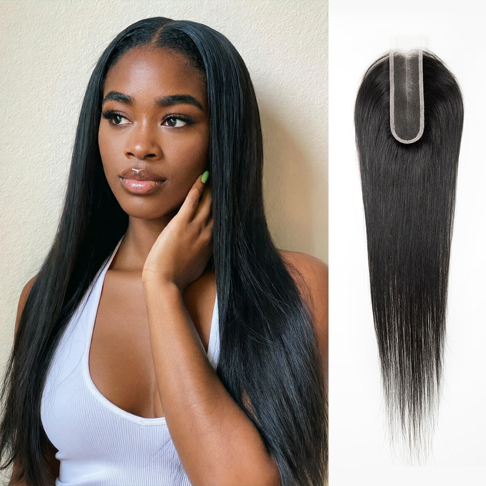 Straight human hair hairstyle with middle part